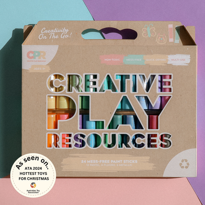 24 pack of paint sticks with fluoro, pastel and metallic colours packaged in a recyclable gift box