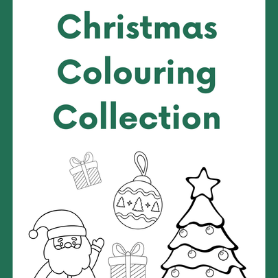 Cover of a Christmas colouring book with black line art of Santa, a tree, and presents on a white background.