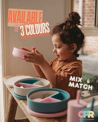 Child playing with colorful bowls and containers on a table, with text about color availability and brand 'CPR'.
