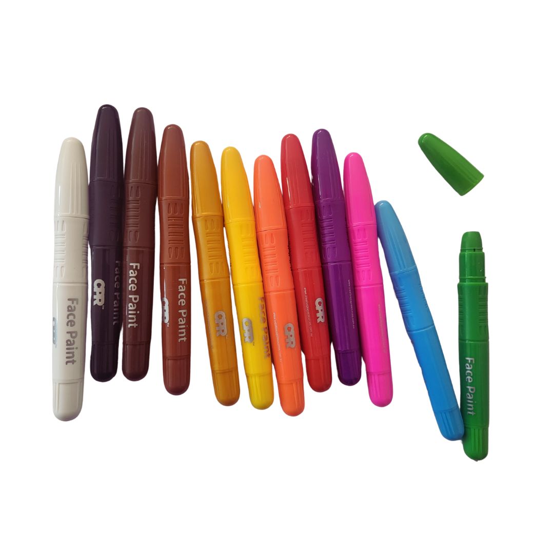12 face paint sticks assorted colours on white background