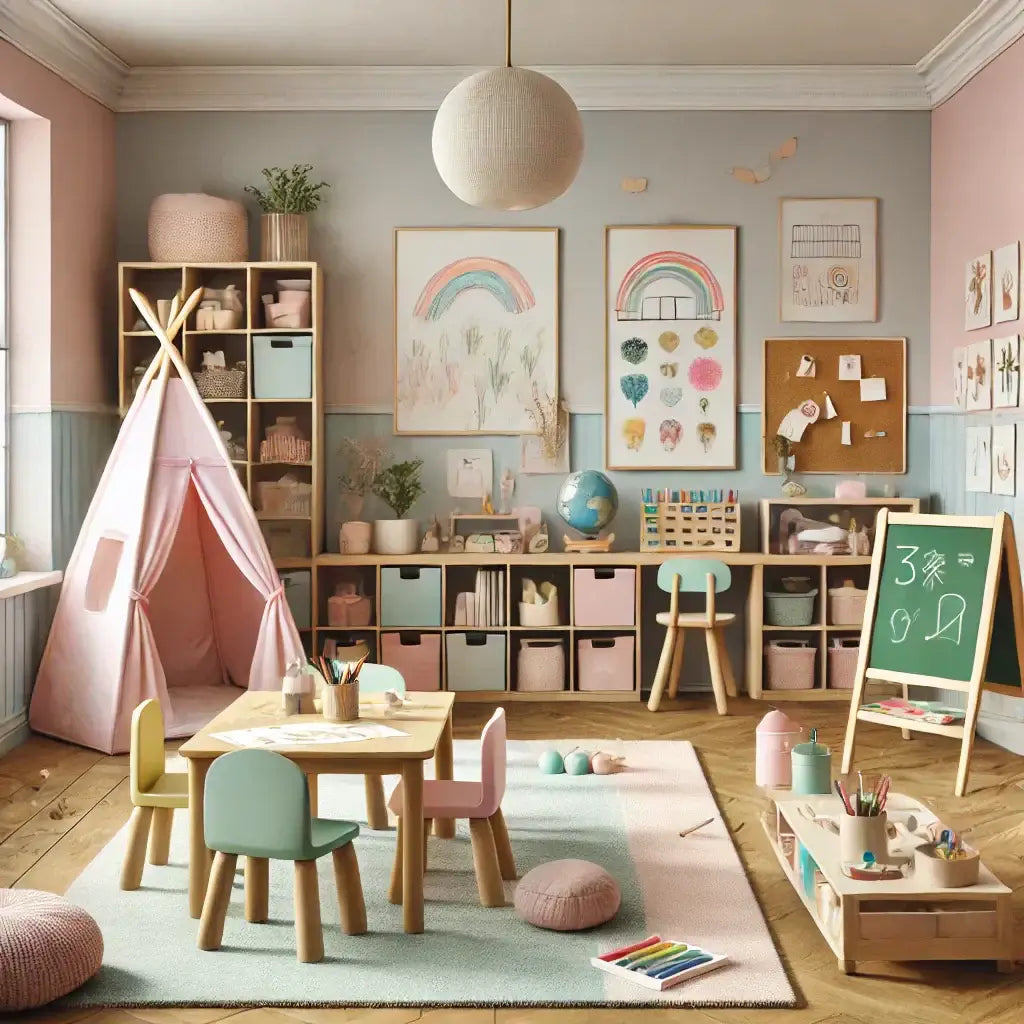 A colorful home learning environment for kids featuring art supplies, a play area, and educational decor.