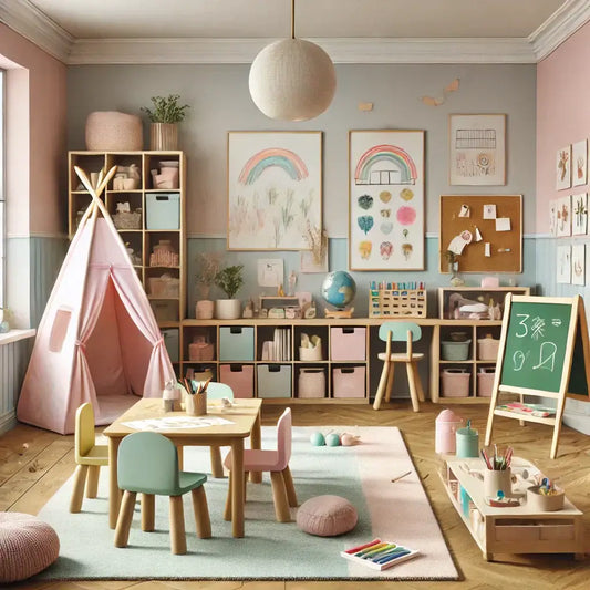 A colorful home learning environment for kids featuring art supplies, a play area, and educational decor.