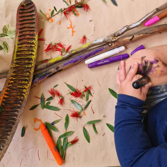 Child engaged in creative play with natural materials, illustrating the importance of creative play in child development.