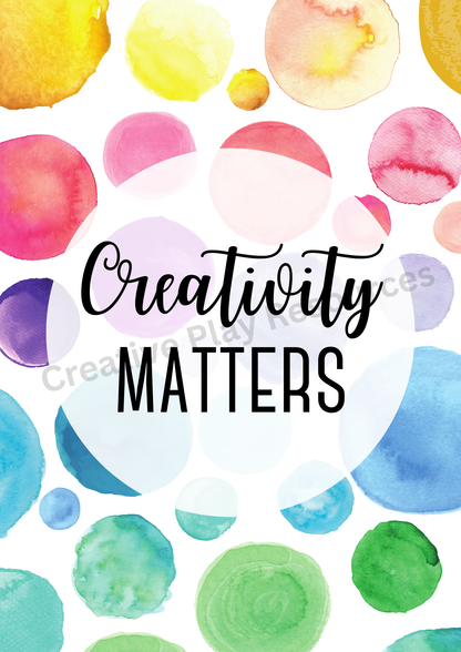 Colorful watercolor circles with 'Creativity Matters' text on a white background