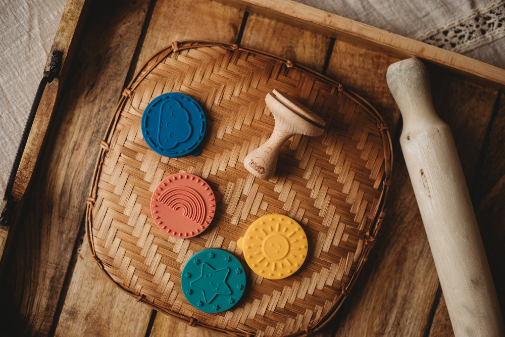 Weather dough stamper set with wooden handle and silicone stamps