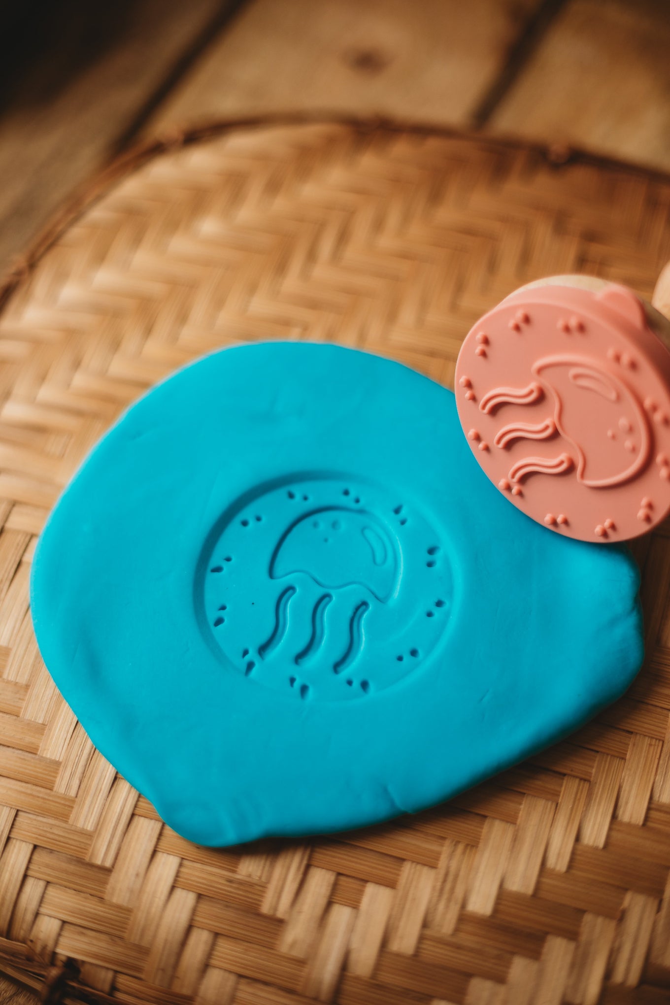 Under the Sea stamp designs imprinted in colourful playdough