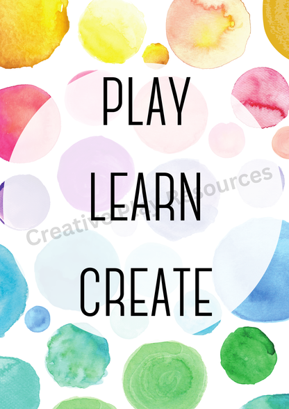 Colorful abstract design with 'Play Learn Create' text