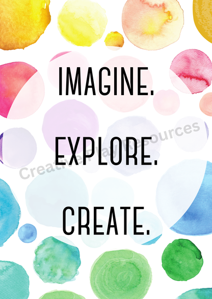 Motivational poster with colorful watercolor circles and text 'Imagine. Explore. Create.'