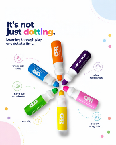 Six children's dot markers in different colors (blue, green, yellow, pink, orange, purple) arranged in a circle on a white background with educational text and icons.