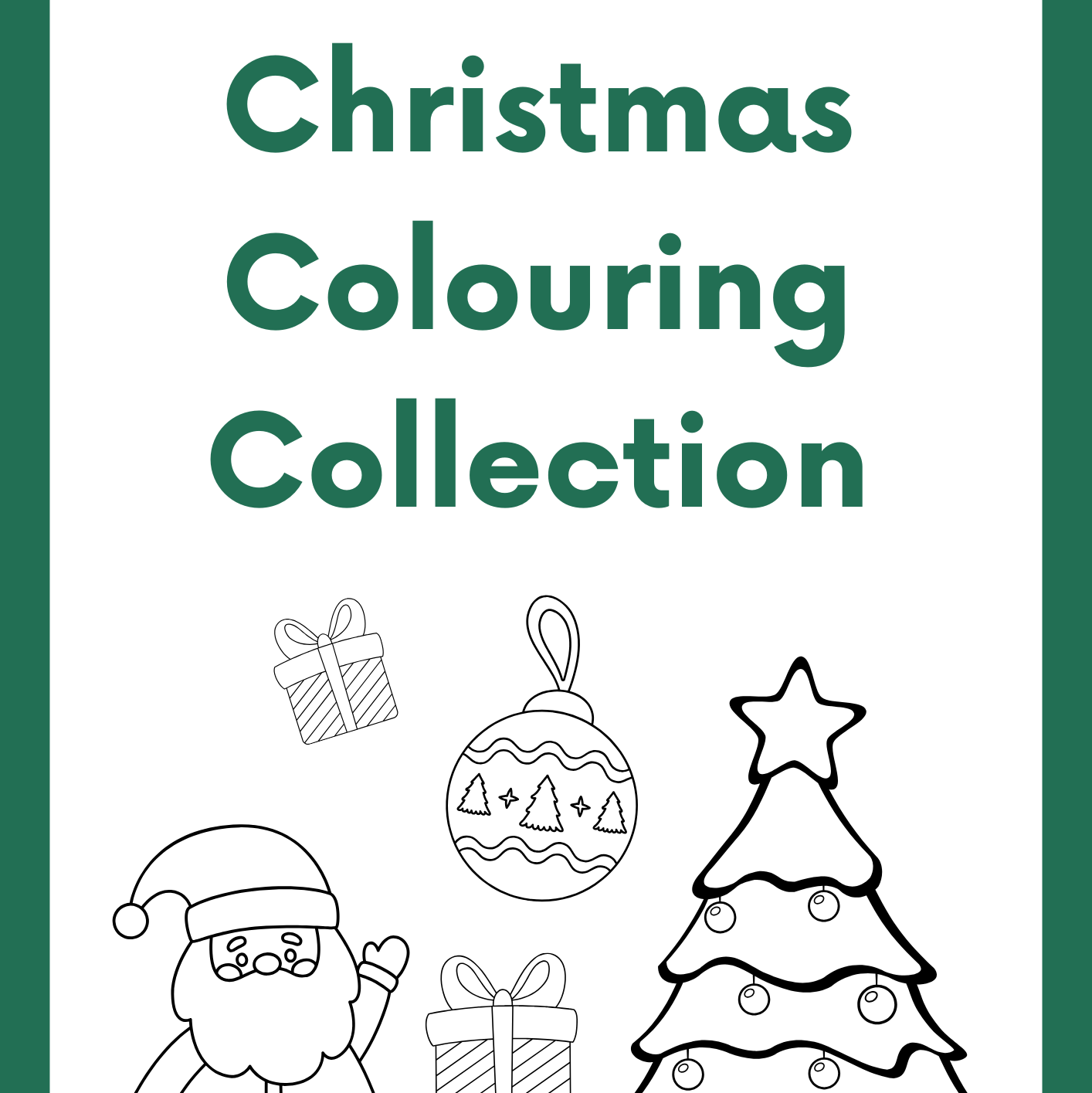 Cover of a Christmas colouring book with black line art of Santa, a tree, and presents on a white background.