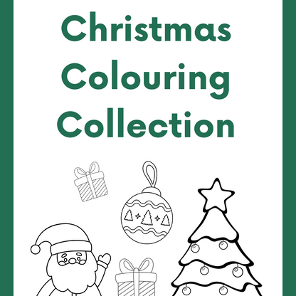 Cover of a Christmas colouring book with black line art of Santa, a tree, and presents on a white background.
