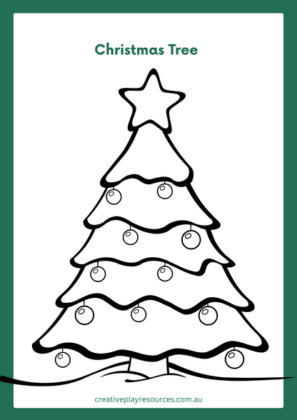 Black and white Christmas tree with star on top, decorated with lights and ornaments, on a white background.