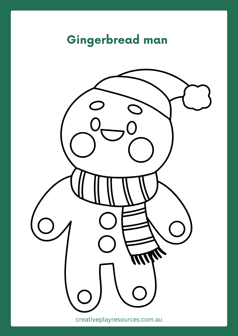 Gingerbread man coloring sheet with a striped scarf and text 'Gingerbread man' on a white background.