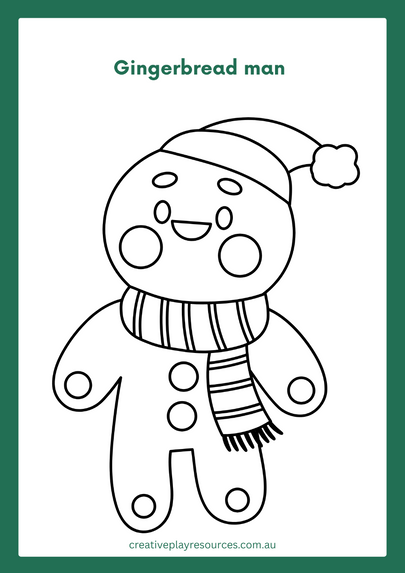Gingerbread man coloring sheet with a striped scarf and text 'Gingerbread man' on a white background.