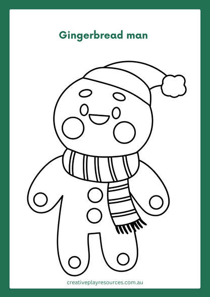 Gingerbread man coloring sheet with a striped scarf and text 'Gingerbread man' on a white background.