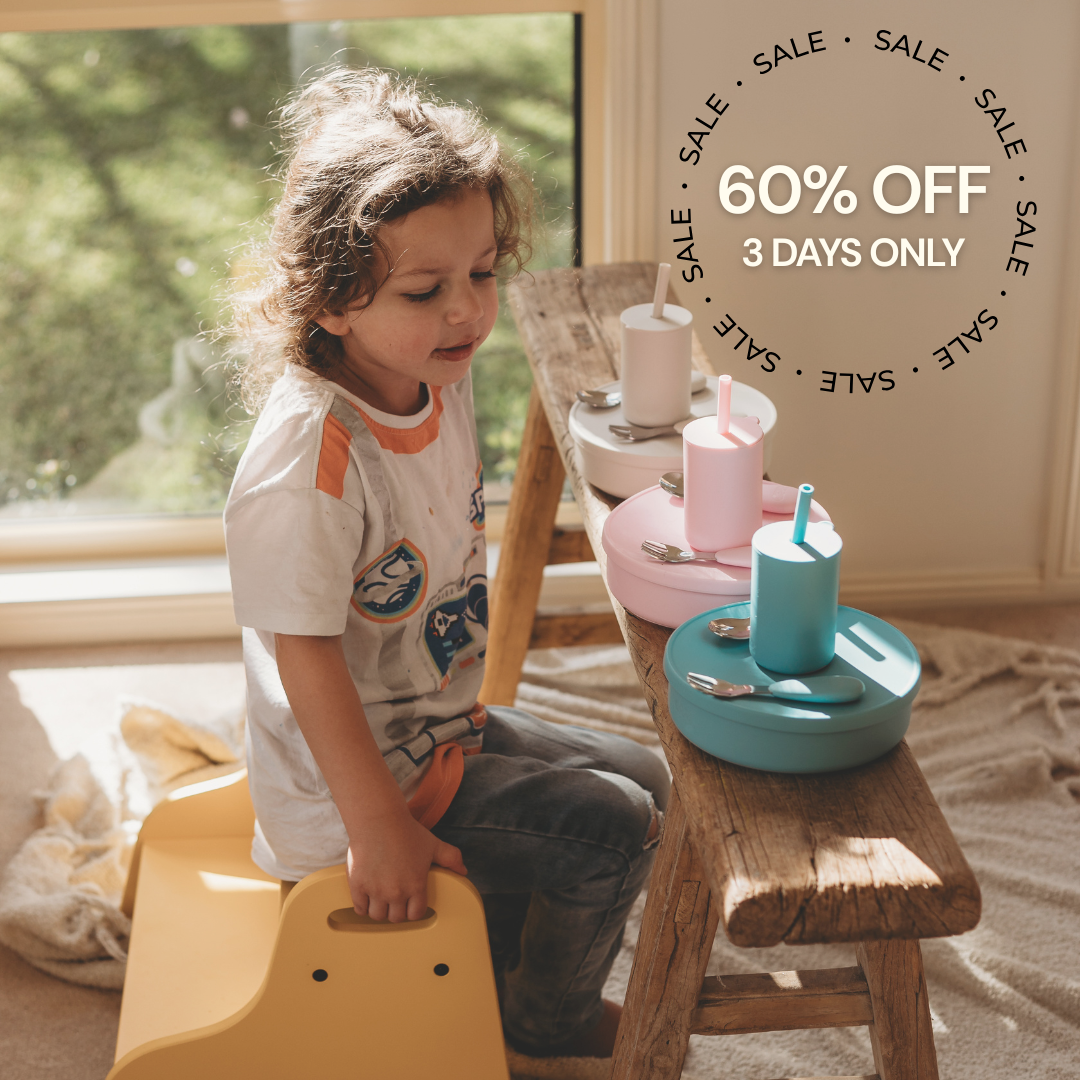 A child sits on a yellow stool in a sunlit room while playing with pastel-colored toy utensils and cups on a wooden table. A large sale overlay reads '60% OFF 3 DAYS ONLY'.