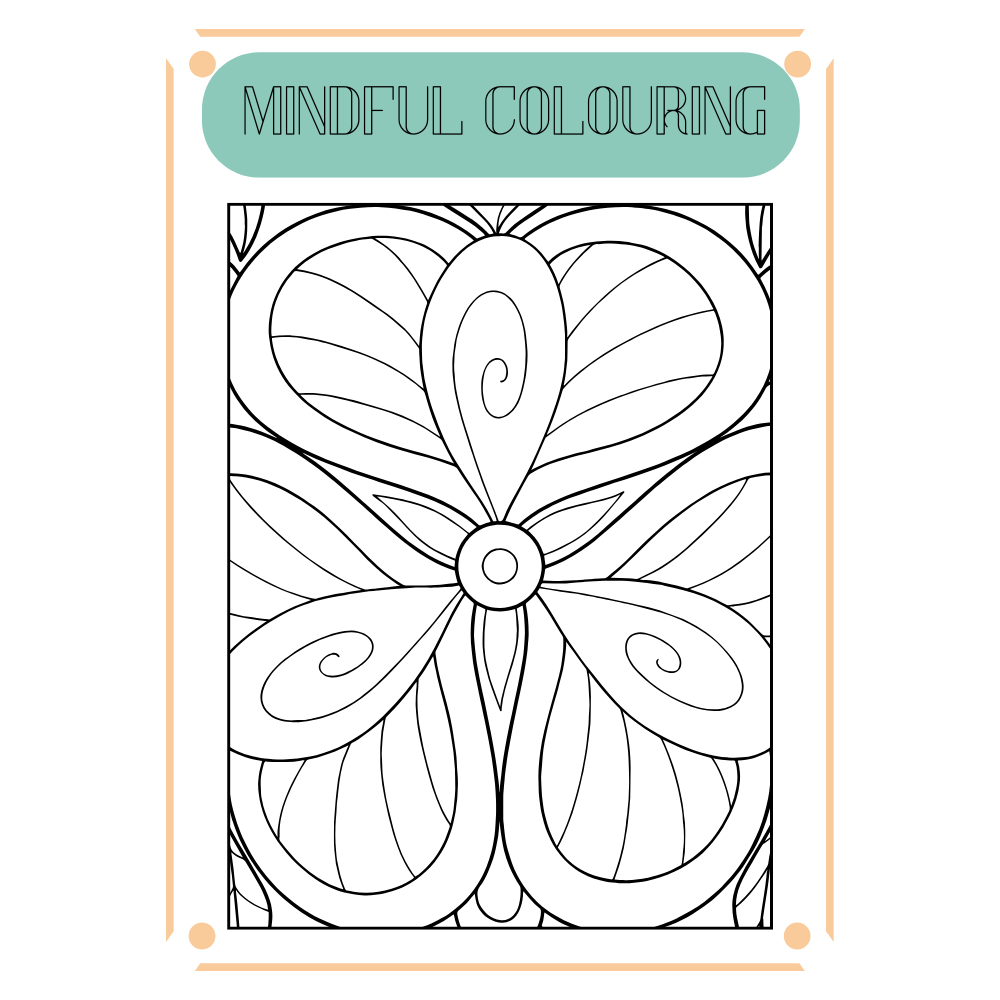Mindful Colouring page design with intricate patterns for relaxation and creativity.