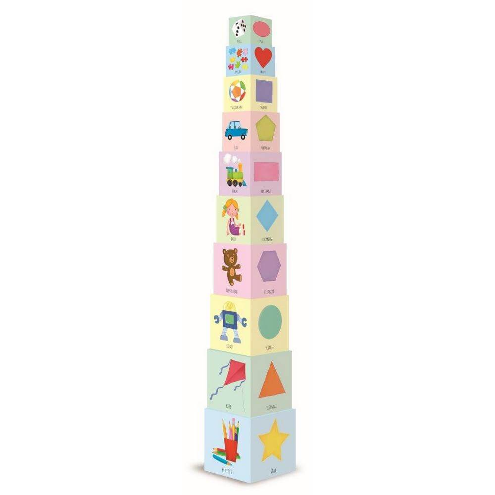 Stack of colorful children's blocks with various shapes and designs on a white background