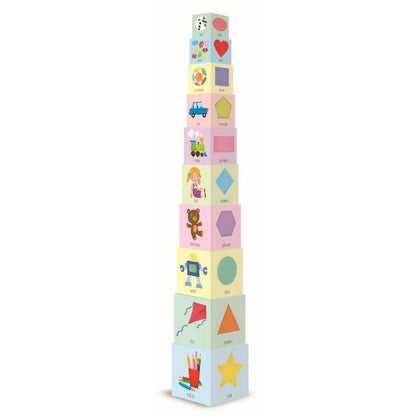 Stack of colorful children's blocks with various shapes and designs on a white background