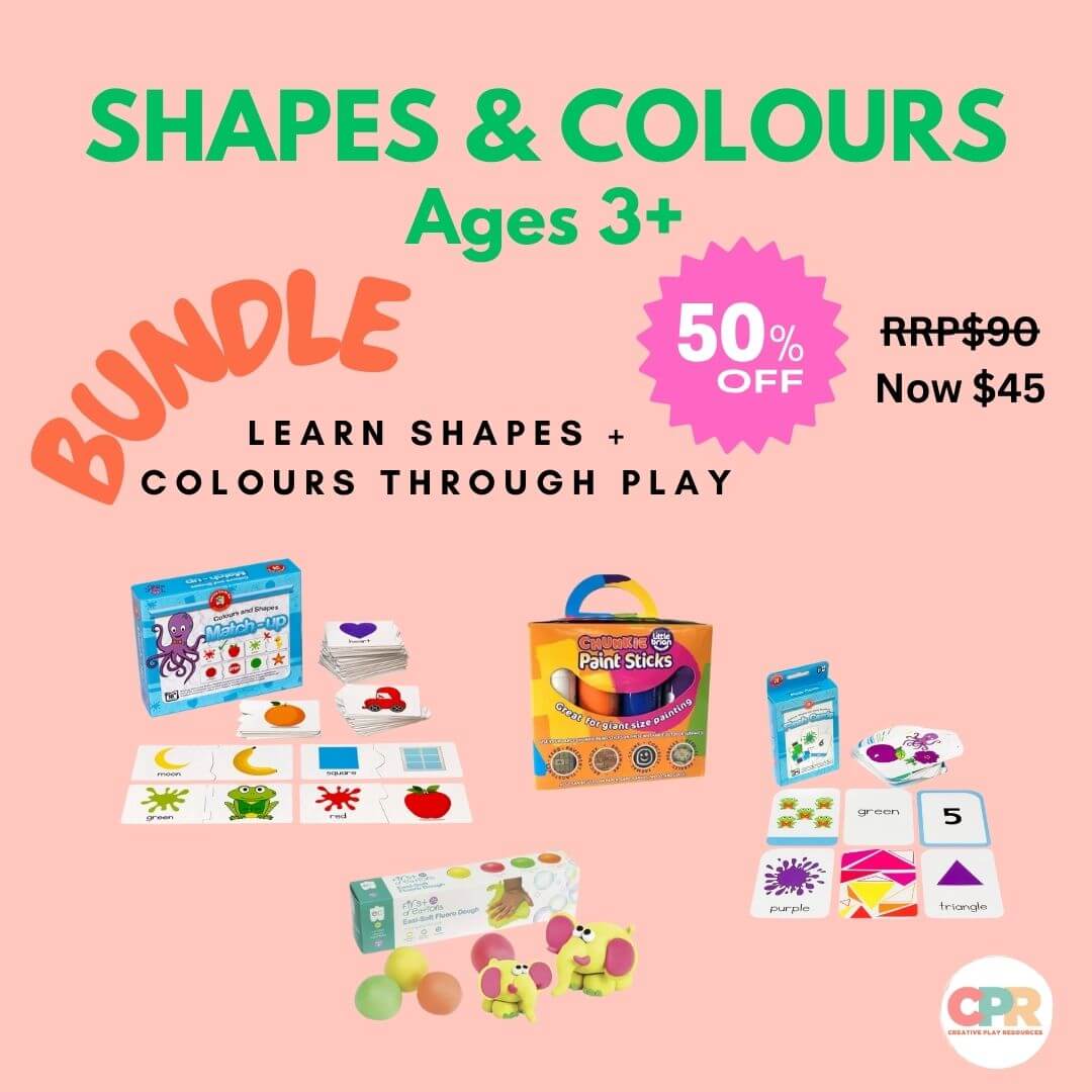 Educational bundle for shapes and colours with toys and materials on a pink background