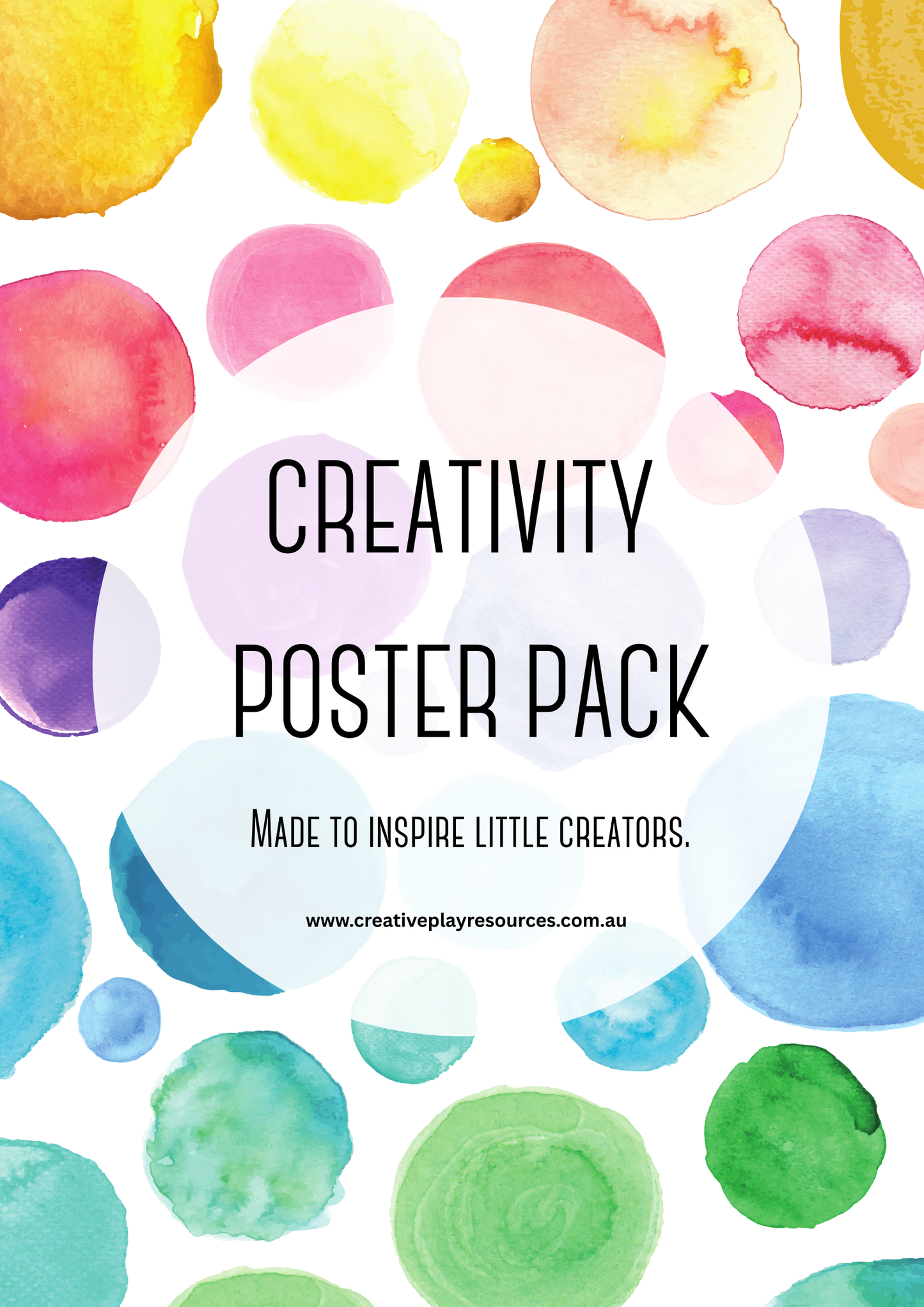 Poster pack with colorful watercolor circles and text on a white background
