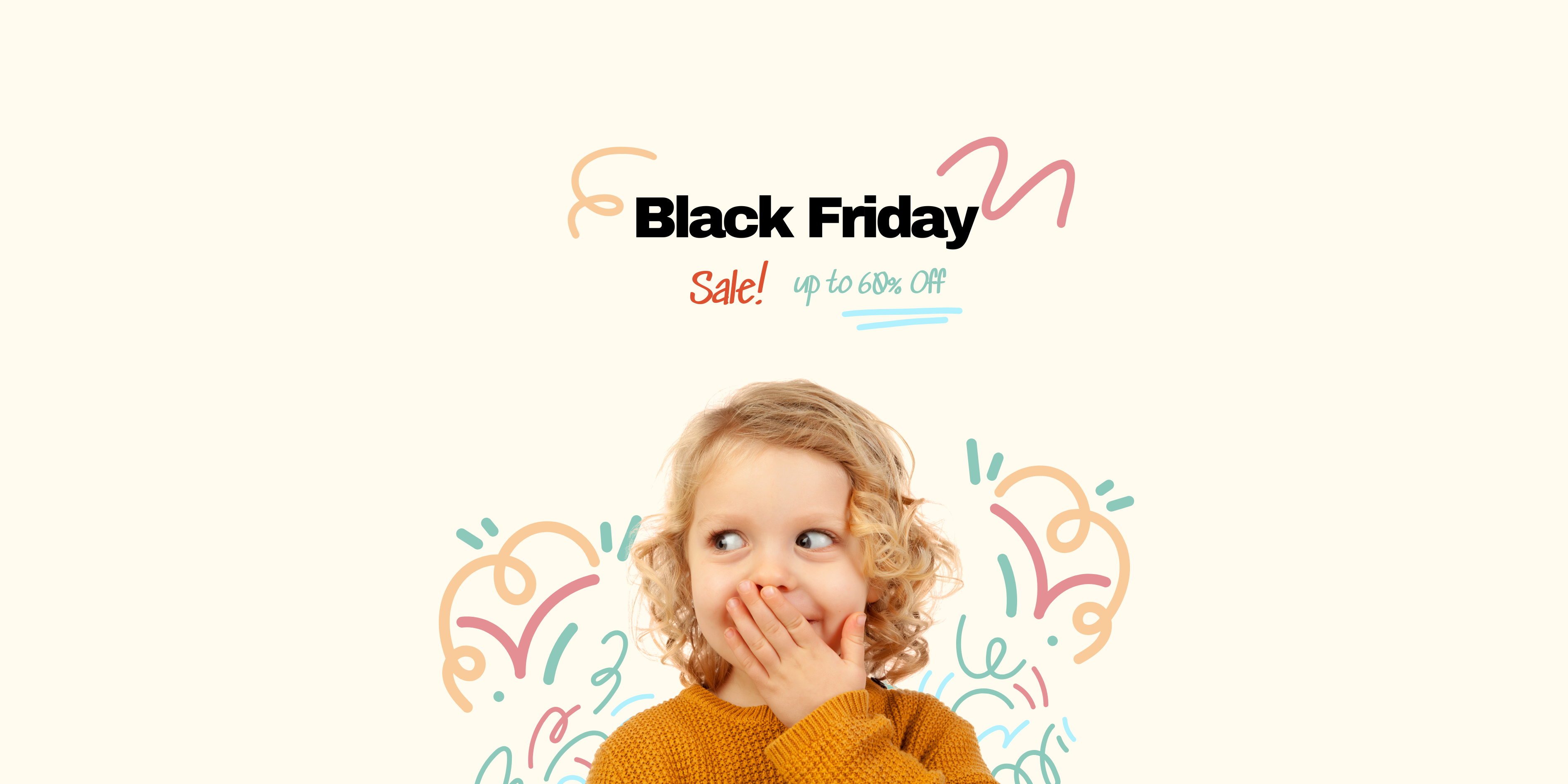 Child with a surprised expression on a Black Friday sale background